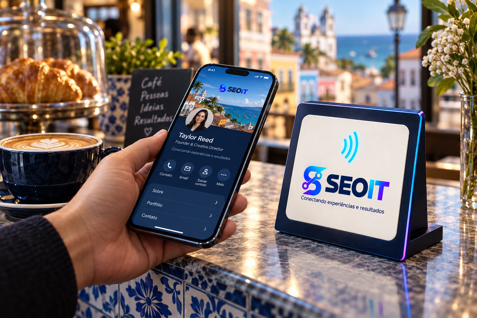 Mockup SEOIT de celular e placa NFC no balcão de uma cafeteria de Salvador