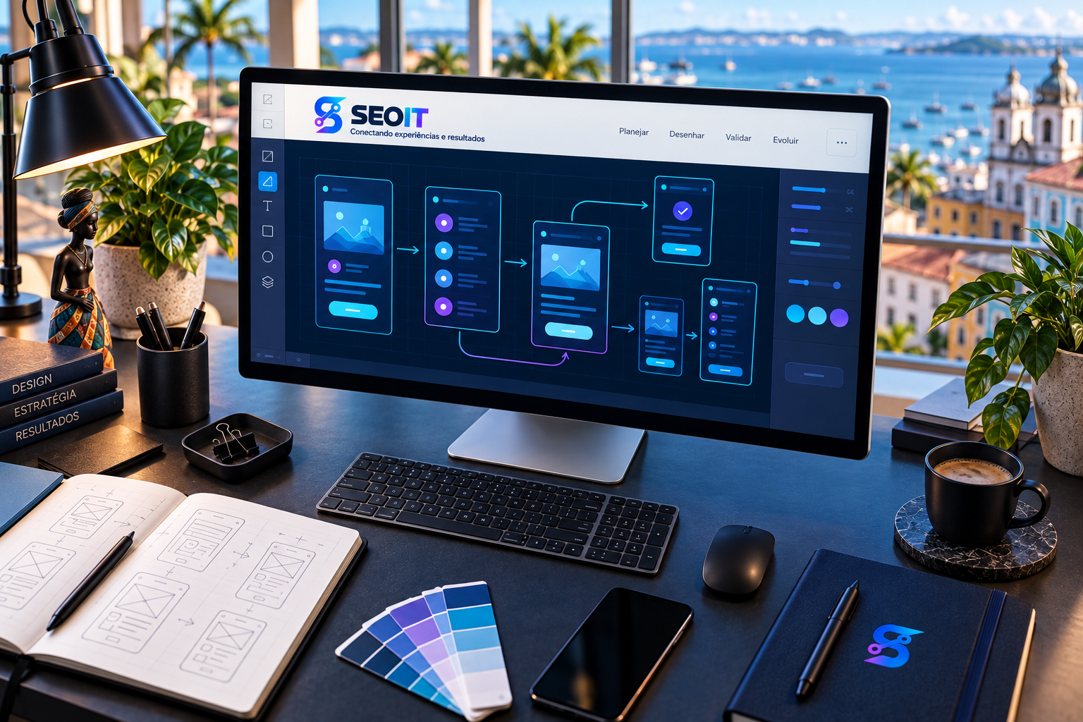 Demonstração visual da SEOIT para landing pages, em cenário inspirado em Salvador