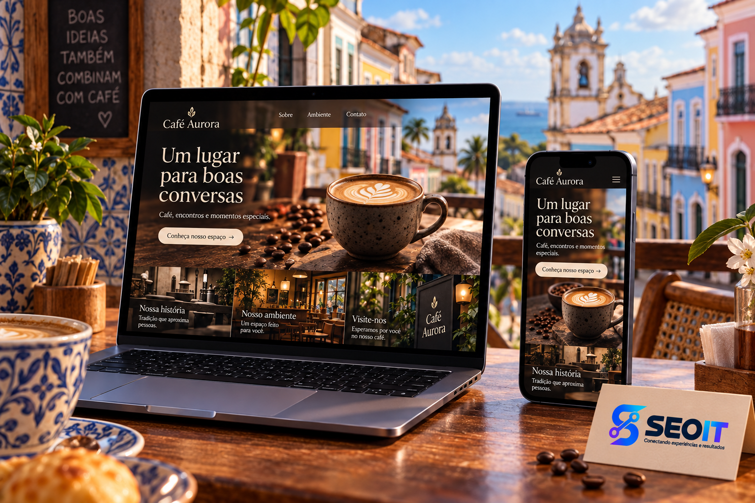 Mockup SEOIT de site em notebook e celular, ambientado em uma cafeteria de Salvador, Bahia