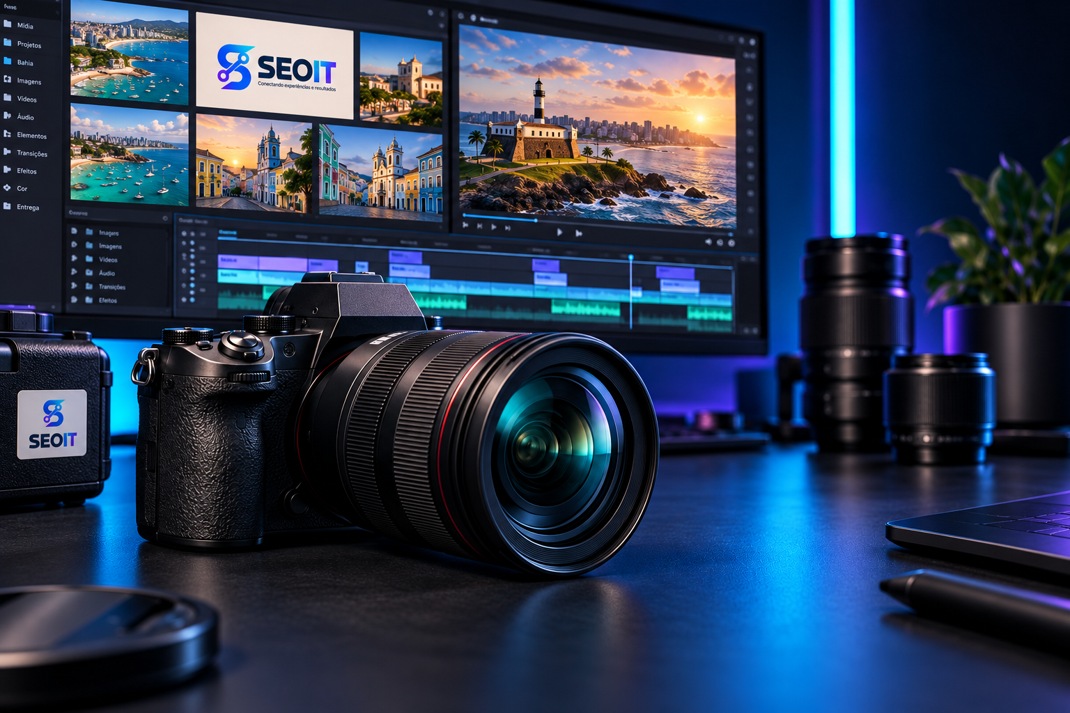 Mockup SEOIT de fotografia e edição audiovisual com referências à orla de Salvador